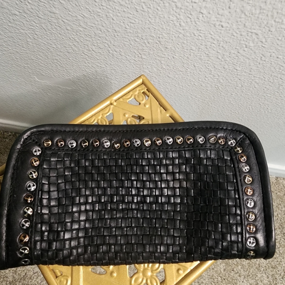 Platania Genuine Leather Black Studded Woven Clutch